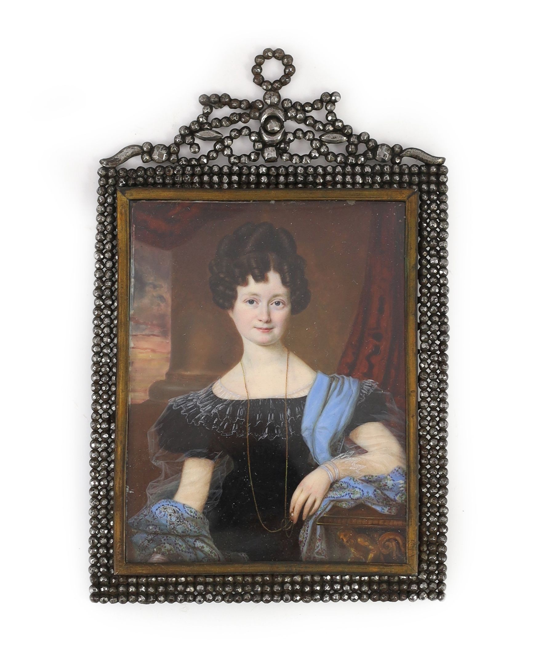 Lorenzo Thewenetti (Anglo-Italian, 1800-1878), Miniature portrait of a young lady, oil on ivory, 10.5 x 8cm. Cut steel frame.